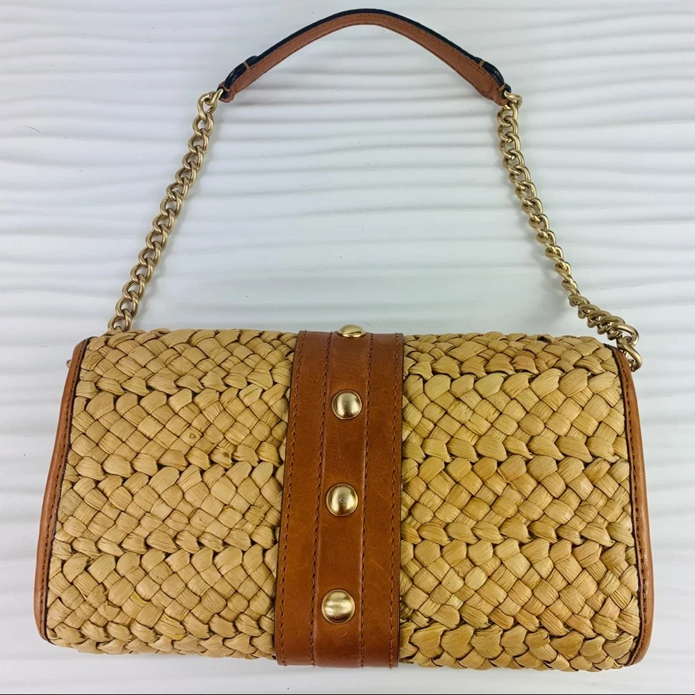 Michael Kors Tan Woven Straw Shoulder Bag with Gold Hardware